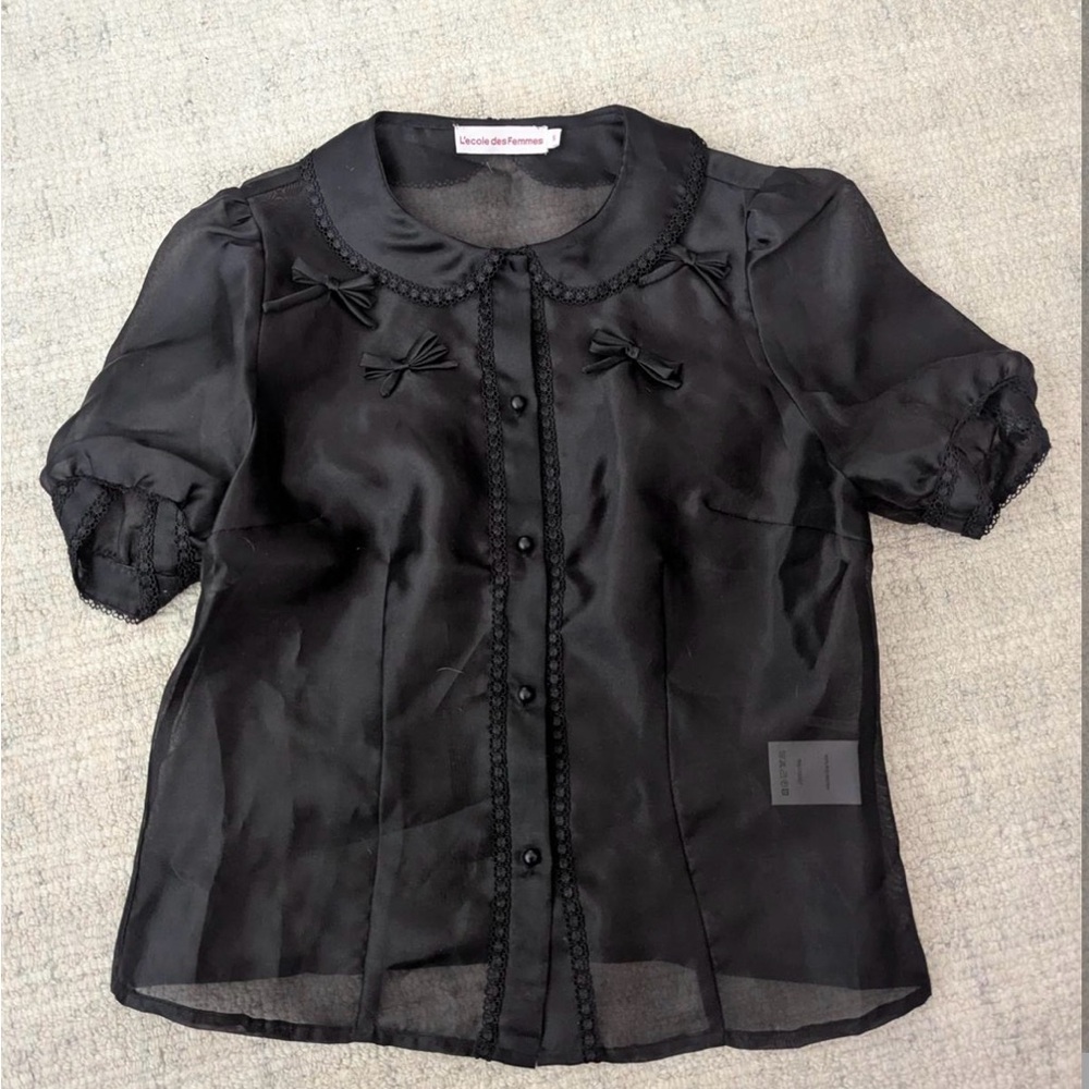 L'école des Femmes Sheer Blouse with Bow Accents Size S Ret. $149 RARE! NWOT